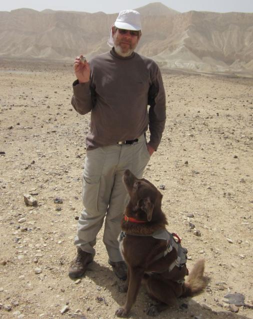 Don holding the Golan stone with Taffy in his harness and Hod Akev in the background