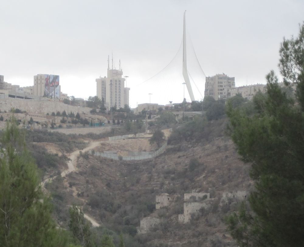 Cantilever string bridge with view of the way up to Jerusalem