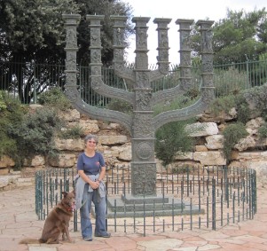 Diana and Taffy standing by the menorah opposite the Knesset building