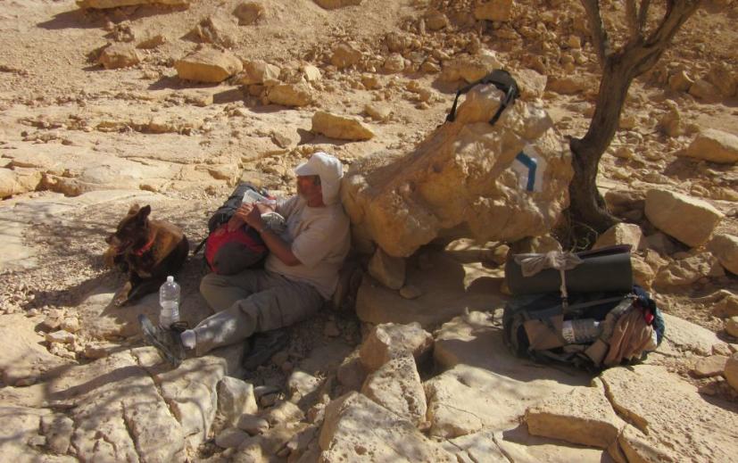 Don and Taffy under an Acacia Tree eating lunch and resting before climbing down Nachal Vardia