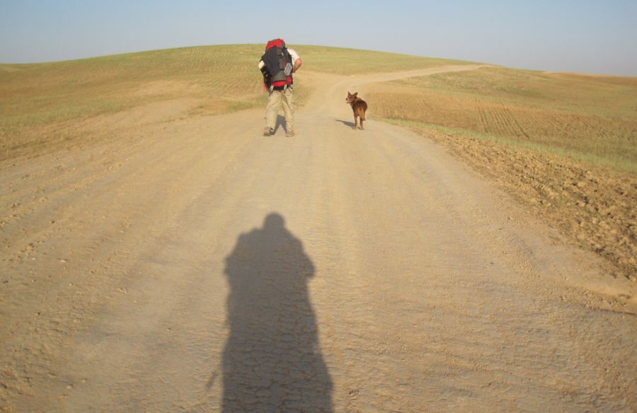 Don and Taffy ahead in the Arad Valley, evening coming and no where to camp.