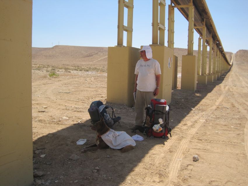 Don and Taffy in the shade of the Dead Sea Works conveyer belt