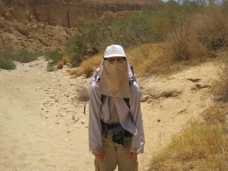 Diana with face covering to protect from sun